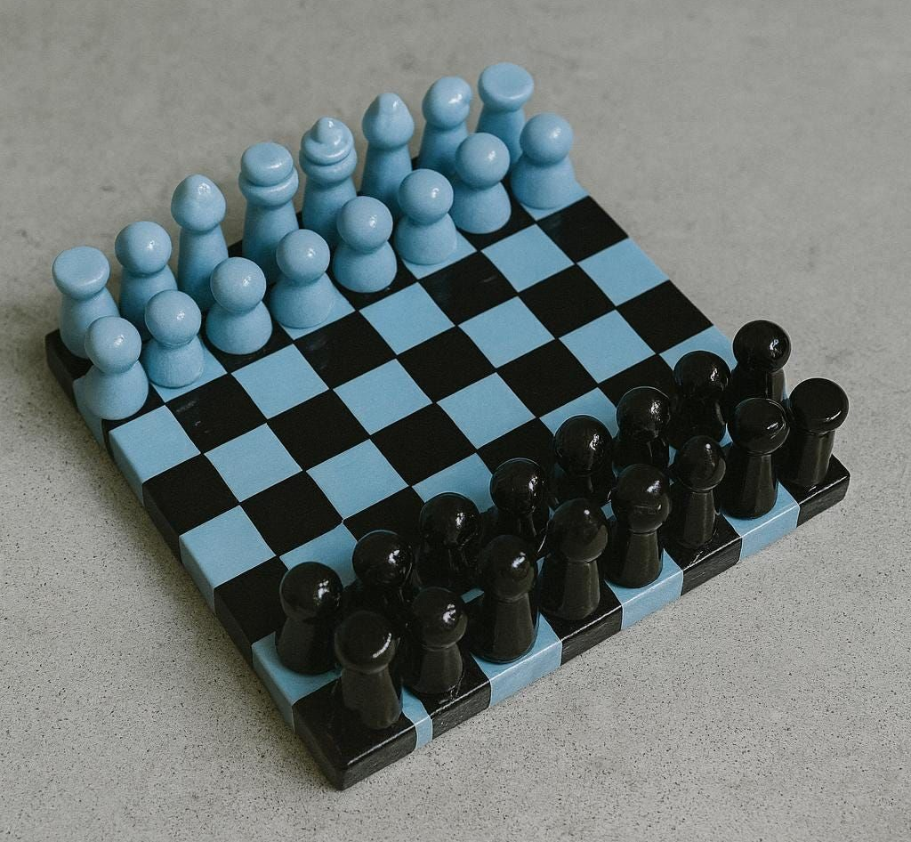 Minimalist Artisan Mini Chess Set - Sky Blue & Midnight Black